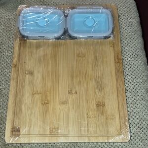 Bamboo Cutting Board with Blue Containers